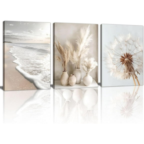 3 Pcs Boho Beige Canvas Wall Art Aesthetic Green Botanical Wall Pictures Minimalist Geometric Line Plants Leaf Art Prints Painting Home Decor for Bedroom Living Room Office Ready To Hang 16"x24"x3Pcs