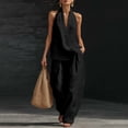 thumbnail image 2 of NMMUED Linen Set for Women’s Cotton Linen 2 Piece Set Summer Casual Lounge Halter Neck Top Wide Leg Pants Breathable Loose Fit Comfy Outfit Women Lounge Set Black L, 2 of 4