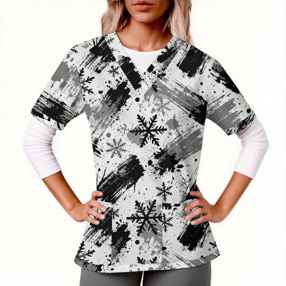 Haivin Womens Short Sleeve V-Neck Shirt with Two Pockets, Professional Work Uniform Top for Christmas, Hospital, and Clinic