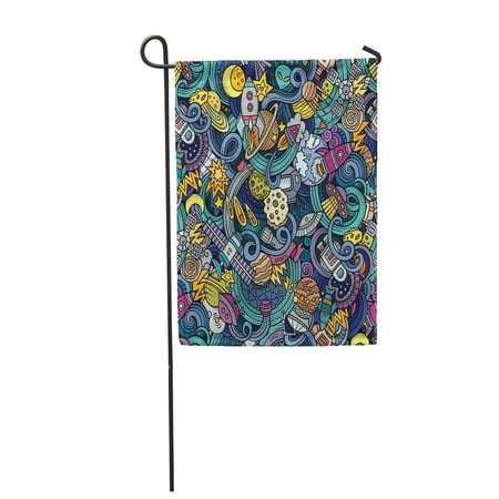 SIDONKU Planet Cartoon Doodles on The Subject of Space Style Astronomy Fun Outer UFO Ali Garden Flag Decorative Flag House Banner 12x18 inch