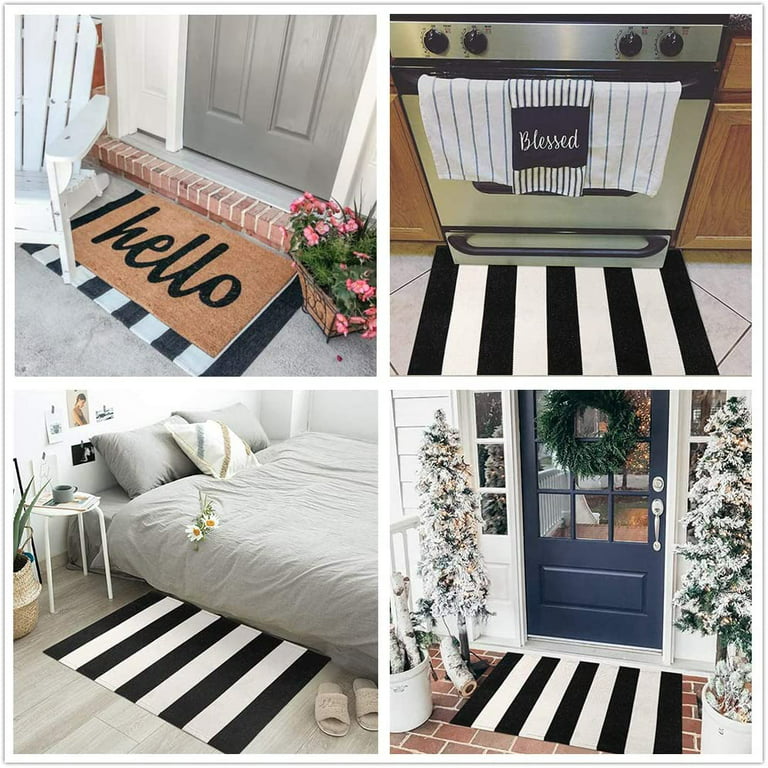 KOZYFLY Black and White Striped Rug 3x5 Indoor Outdoor Rugs Hand Woven Cotton Washable Striped Layered Doormats for Front