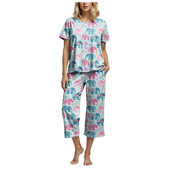 felwors Womens Pajama Sets Cotton Pj Set Short Sleeve Top With Capri Pants Sleepwear 2 Piece Lounge Set Blue, M