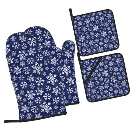 

Zufioo Snowflakes On Dark Blue Oven Mitts and Pot Holders 4pcs Set Kitchen Oven Glove High Heat Resistant 500 Degree Extra Long Oven Mitts for Kitchen Baking Cooking