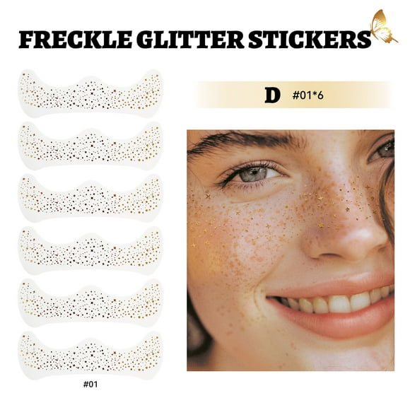 CIMAXIC Party 6 Sheets Glitter Freckles Face Tattoo Sparkle Freckles Face Glitter Makeup Patches for Women for Party Festival Concert Cosplay Makeup Accessories Golden,6.1"X2.05"X0.04"