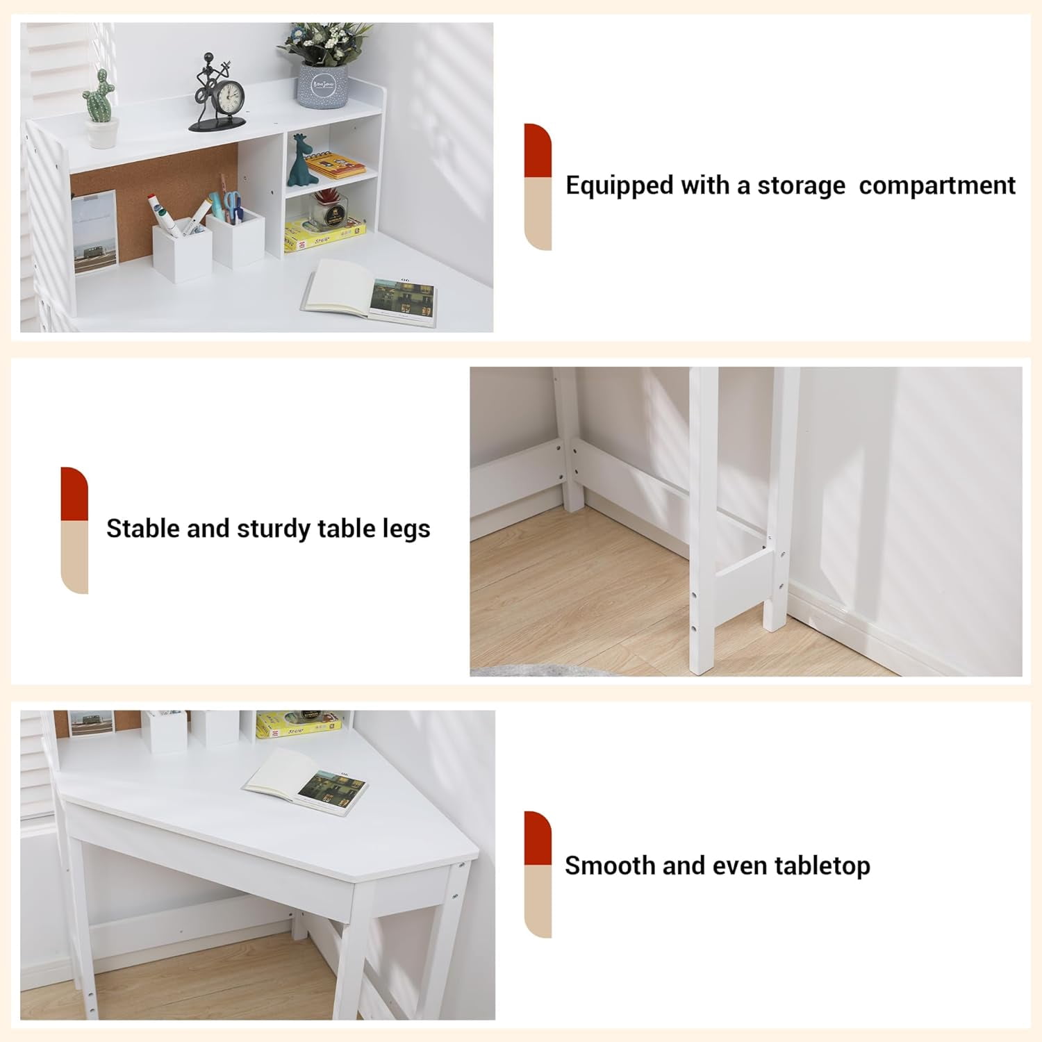 EastVita Kids Study Desk and Chair Set, White Corner Table with Adjustable Chair, Hutch, Cork Bulletic Board, Pen Holders