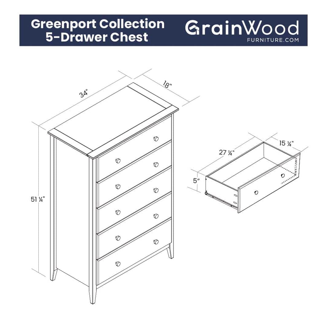 Grain Wood Furniture Greenport 5-Drawer Chest, Solid Wood with Brushed White Finish