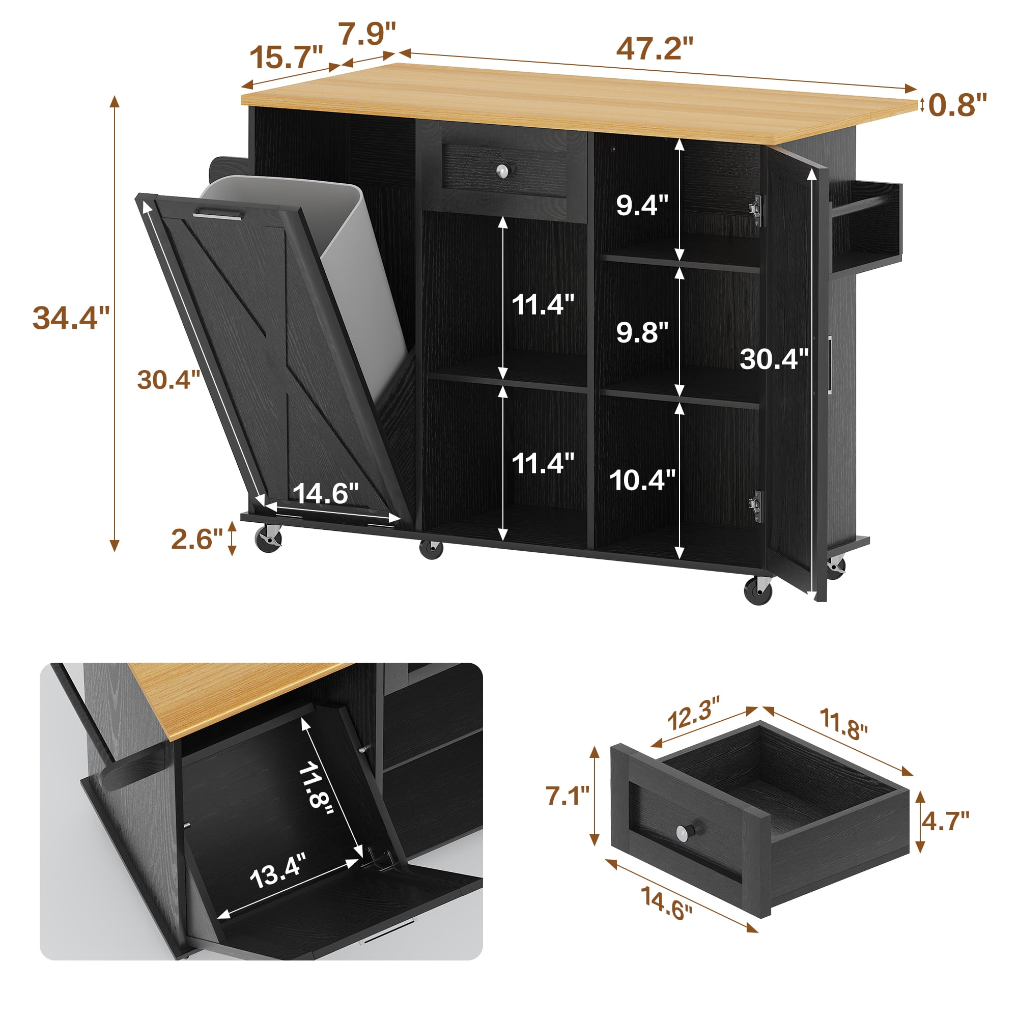 spanspace 48" Kitchen Island Cart with Drop Leaf , 10 Gallon Storage and Tilt Out Trash Can Cabinet , Portable Kitchen Island with Wheels Drawer and Adjustable Shelves for Kitchen, Black