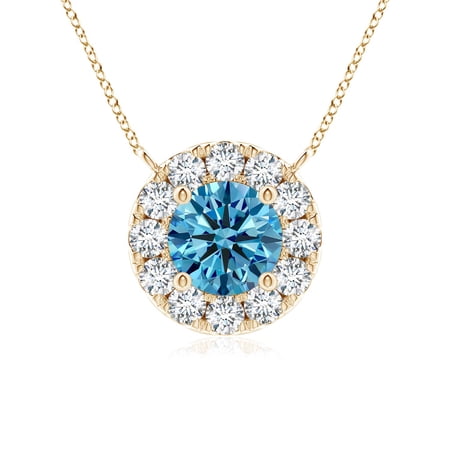 ANGARA Lab Grown Blue Diamond Necklace with Halo for Women in 14K Yellow Gold (Size-4.5mm| Clarity-VS) | April Birthstone, Anniversary, Jewelry Gift for Women | Lab-Grown Blue Diamond Necklace