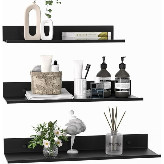 Floating Shelves for Wall Set of 3, Black Metal Wall Shelves for Bathroom 11.8/13.8/15.7 in, Modern Small Adhesive Shelf for Living Room, Bedroom, Office, Kitchen