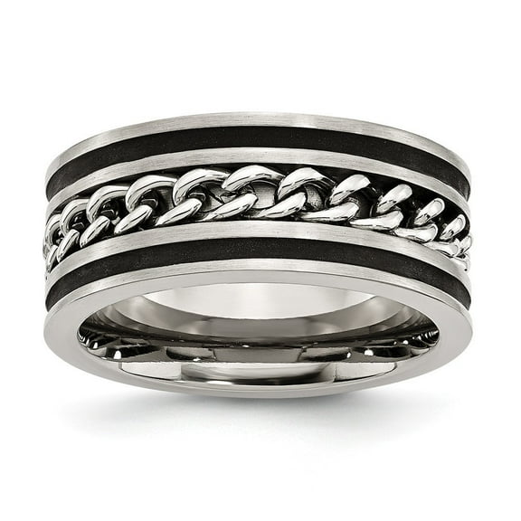 Stainless Steel 10mm Chain and Black-plated Brushed And Polished Band Ring - Size 8