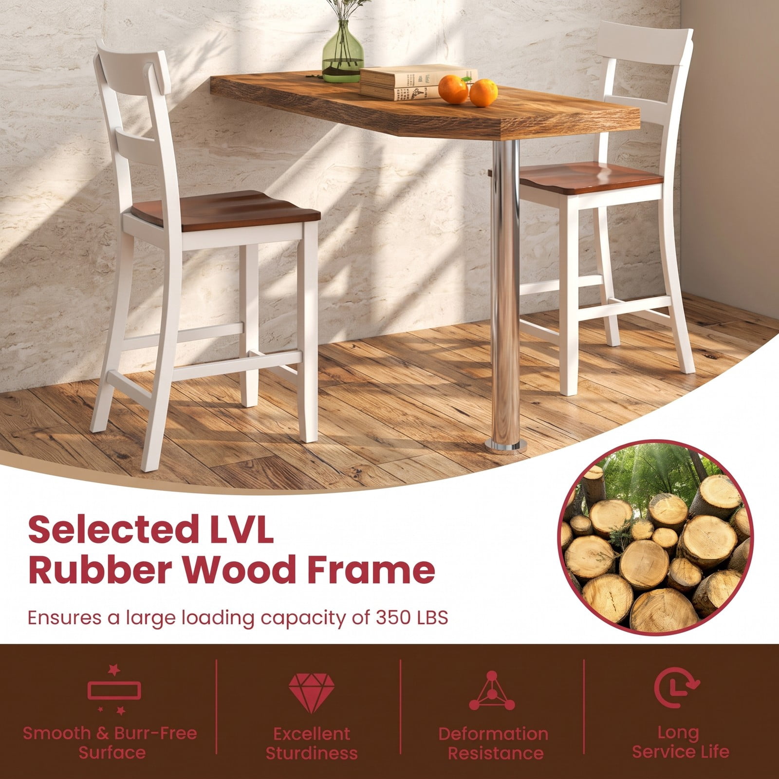 Furnibear Farmhouse Bar Stool Set of 2, 24.5 Inch Counter Height Stools with Solid Rubber Wood Frame, Curved Backrest and Footrest, Armless Dining Barstools for, White