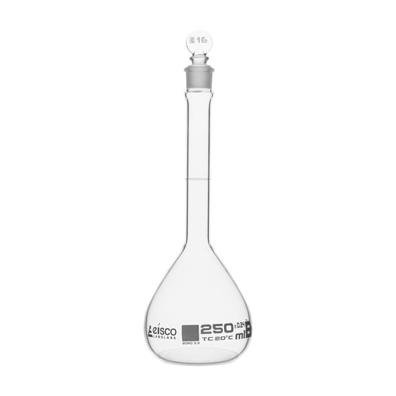 Volumetric Flask, 250ml - Fitted with Solid Glass Stopper - Class B, Tolerance 0.24 ml - White Graduation Mark - Borosilicate Glass - Eisco Labs