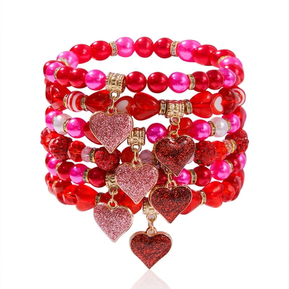 Jinswick 6PCS Valentine’s Day Bracelets Red Heart Bracelets for Women Crystal Pearl Beaded Stretch Bracelet Set Festive Birthday Party Gifts (6PCS Red Bracelets)