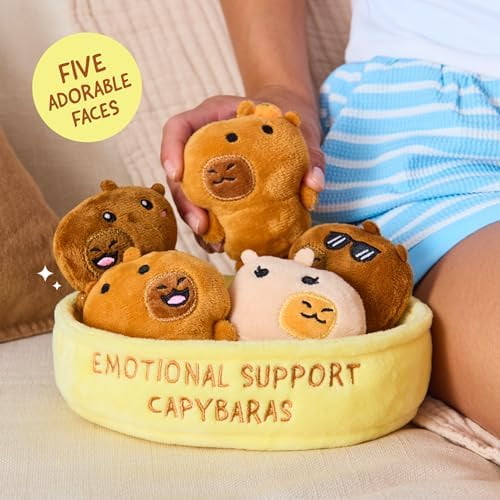 Emotional Support Capybaras by Relatable, Cuddly Stuffed Animals and Plushies Set, Includes 5 Capybara Plush Toys with Carrying Basket, Cute Stuff and Great Gift for Loved Ones of All Ages