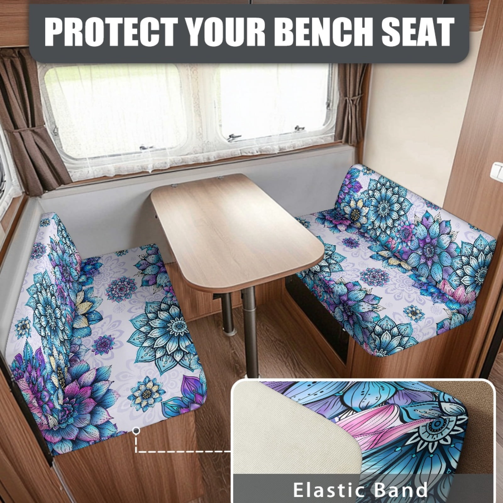 FORUDESIGNS Boho Mandala Flower Print RV Dinette Cushion Covers Wear-Resistan Camper Seat Covers Dinette Booth Stretch RV Couch Cover Include 1 Backrest Covers and 1 Bench Covers