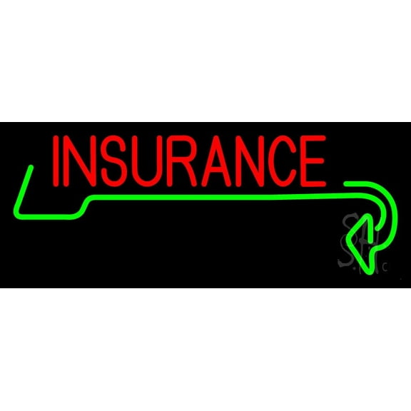 Red Insurance with Green Arrow LED Neon Sign 13 x 32 - inches, Black Square Cut Acrylic Backing, with Dimmer - Bright and Premium built indoor LED Neon Sign for Defence Force.