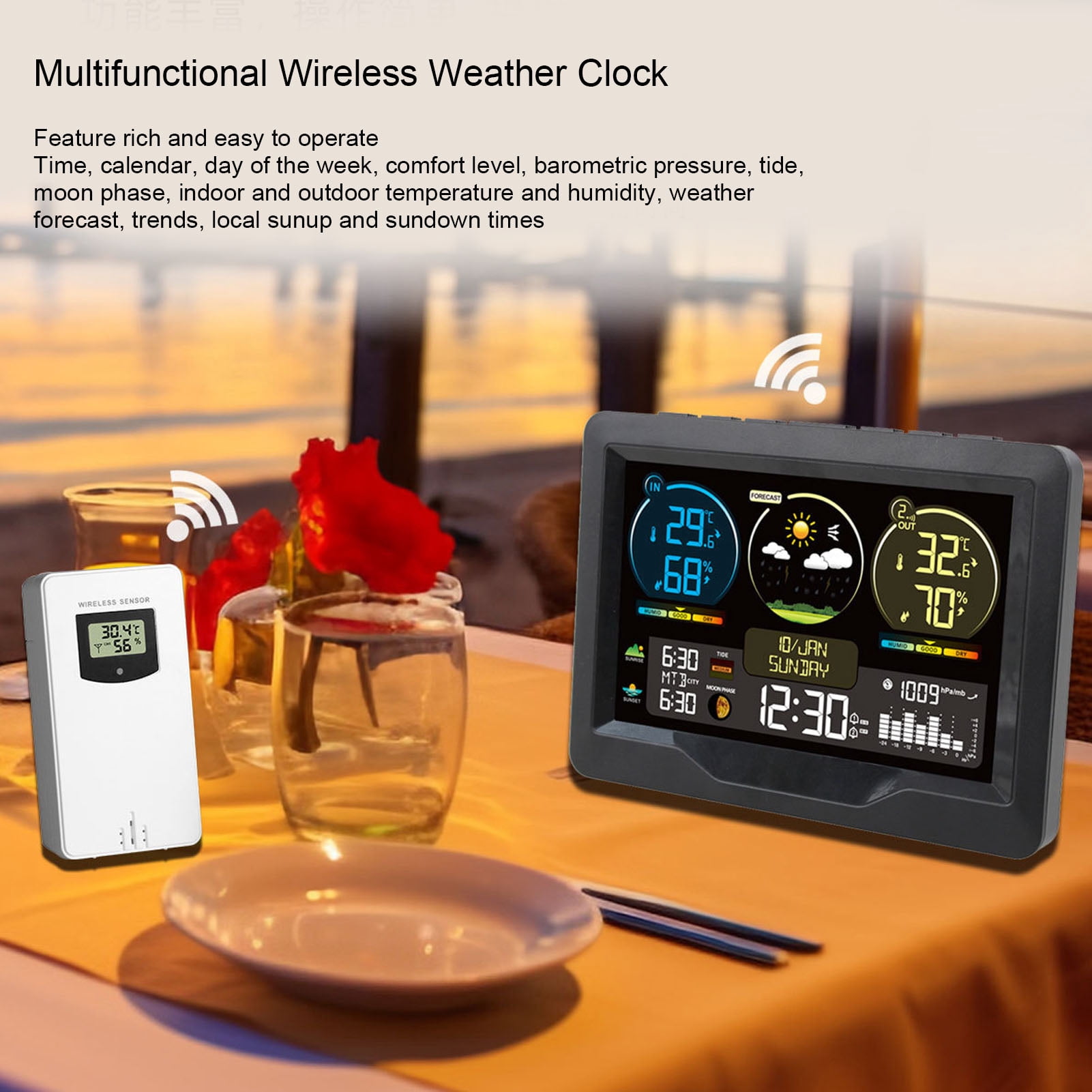 Riousery Wireless Weather Clock Professional Color Screen Digital Weather Thermometer with Indoor Outdoor Temperature Humidity Monitor (6.69 x 5.12 inches / 17 x 13 cm)