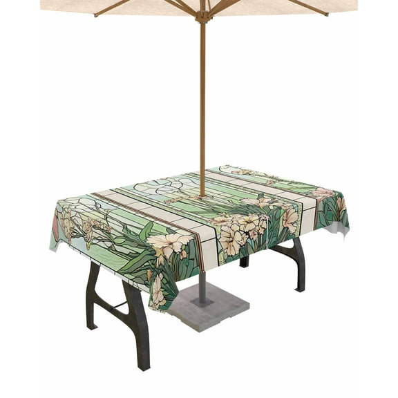 nqOlkjepod Butterfly Stained Glass Outdoor Tablecloth with Umbrella Hole & Zipper, Summer Dragonfly Botanical Vintage Rectangle Table Cover 60x84 Inch, Waterproof Table Cloth Protector for Patio