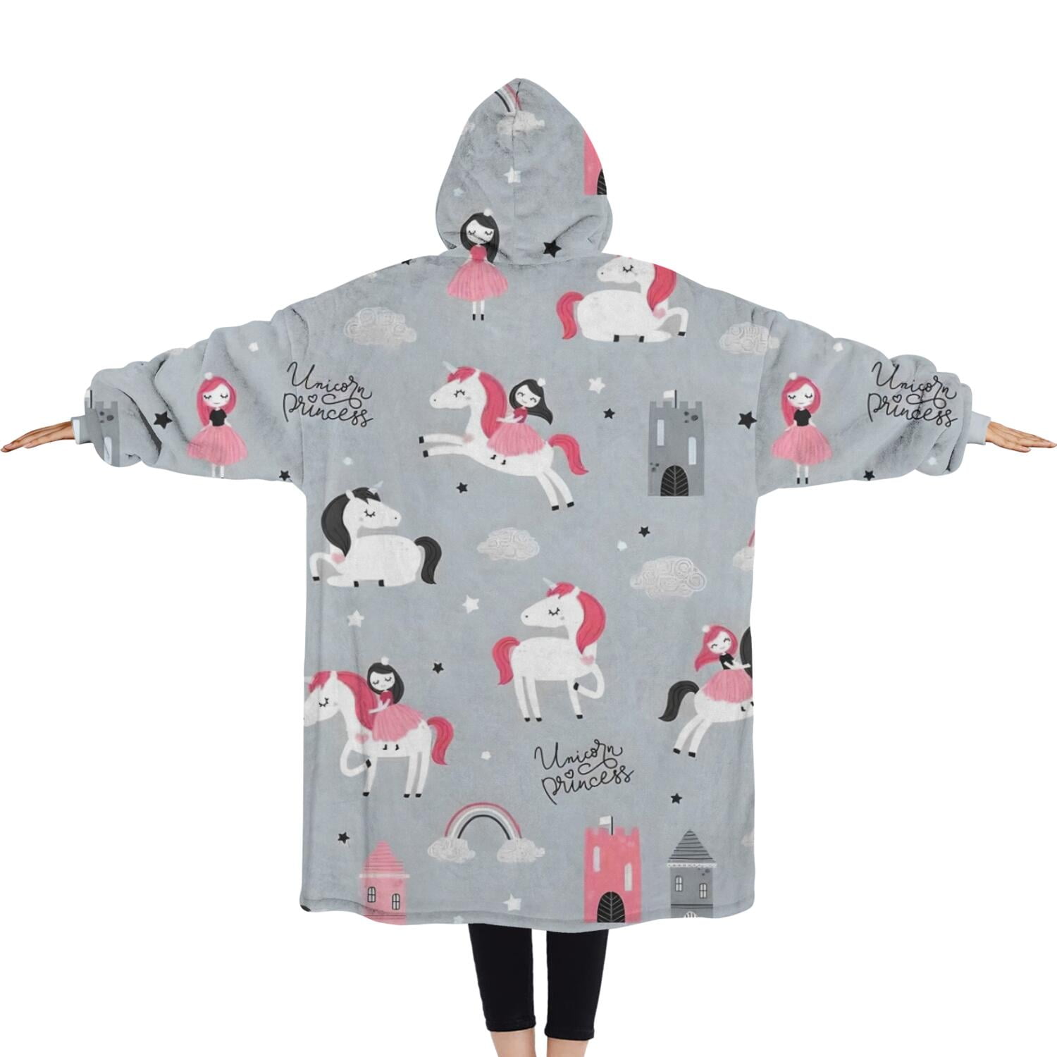 Oversized Wearable Blanket Hoodie,Unicorn Princess Castle Pattern Sherpa Blanket Hoodie with Super Pockets,Super Warm Fuzzy Pullover for Women & Men