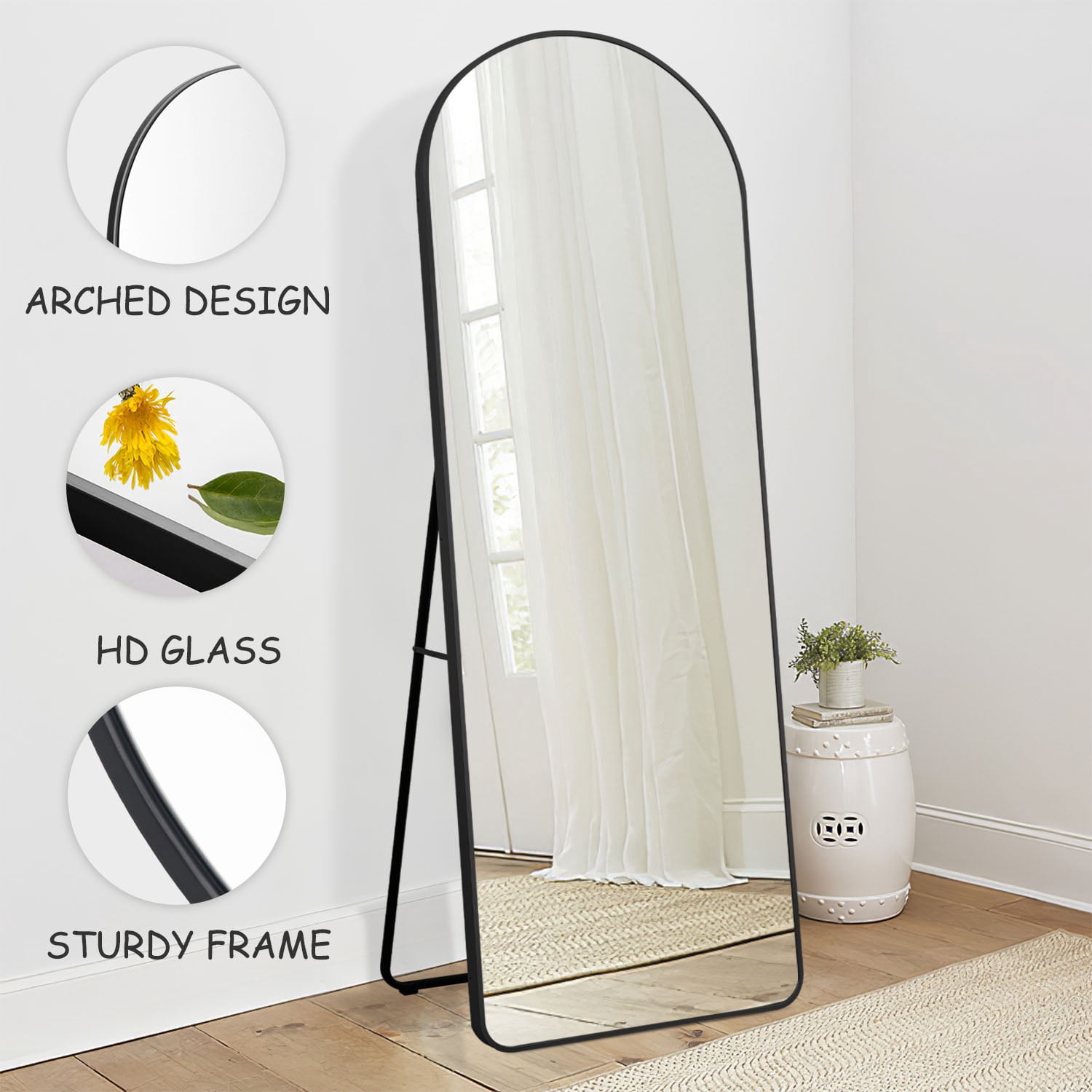 64"x22" Aluminum Alloy Frame Arched Full Length Mirror with Bracket,Black