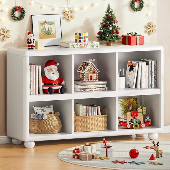ONBRILL Wooden Bookcase with 6 Cube Storage, Bookshelf with Sphere Foot, Sturdy Toy Storage Organizer, Safe Rounded Corners Bookcase for Living Room, Playroom, Nursery (White)