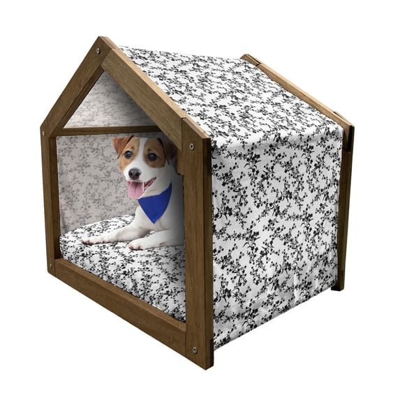 Floral Pet House, Victorian Style Curved Flower Baroque Blooms Branches Vintage Motif, Outdoor & Indoor Portable Dog Kennel with Pillow and Cover, 5 Sizes, Black and White, by Ambesonne