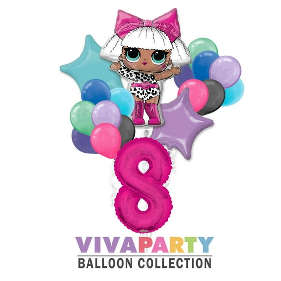 LOL Round Balloon Bouquet 18 pc, 8th Birthday, Hot Pink Number 8 Jumbo Balloon | Viva Party Balloon Collection