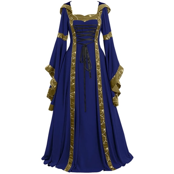 Womens Victorian Corset Dress Halloween Cosplay Costumes Lace Patchwork Maxi Dresses Vintage Court Cocktail Party Ball Gown Medieval Renaissance Blue,XXL