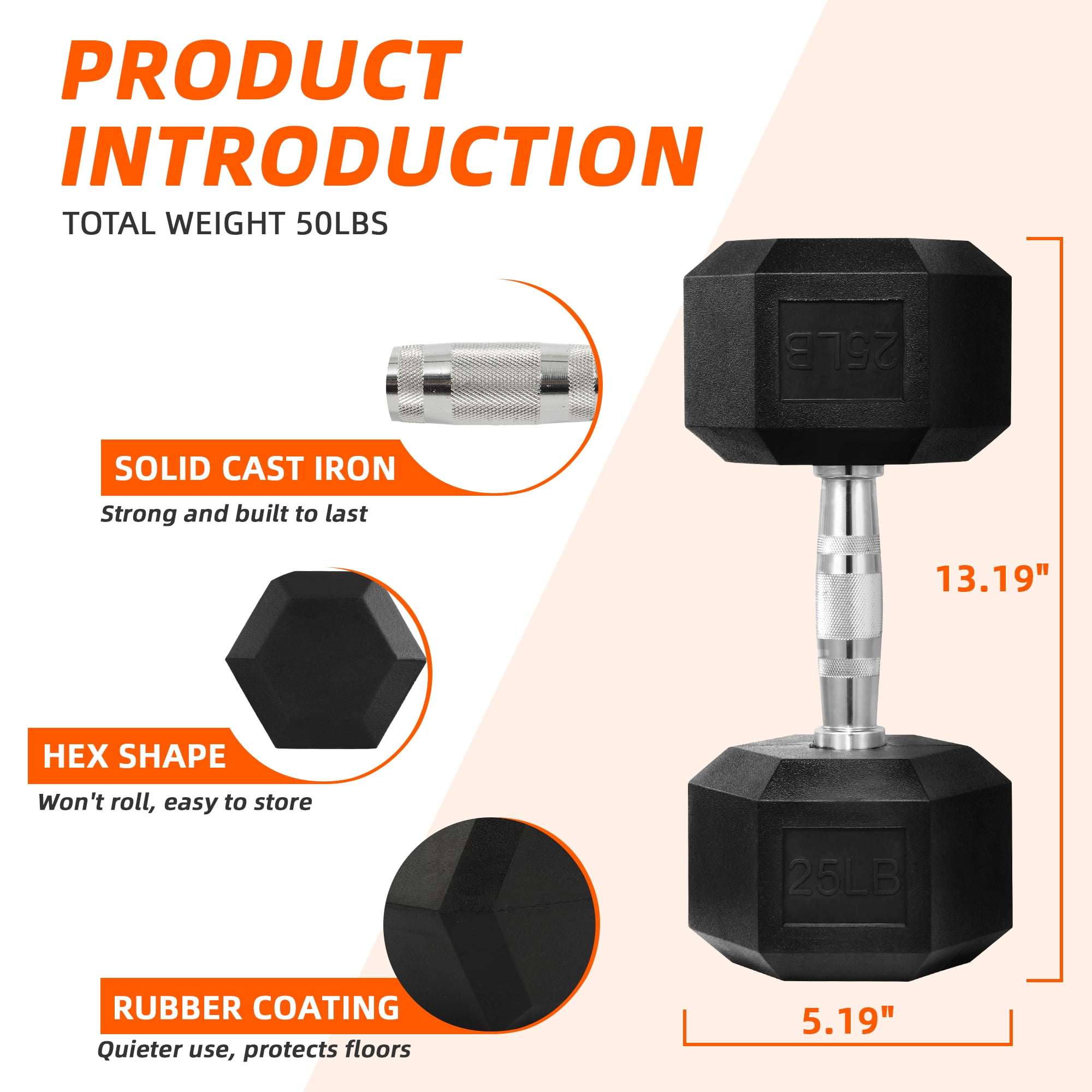 FlexWave Rubber Encased Hex Dumbbell – 10-50 lb, Black, Durable Non-Slip Weights for Home & Gym Workouts