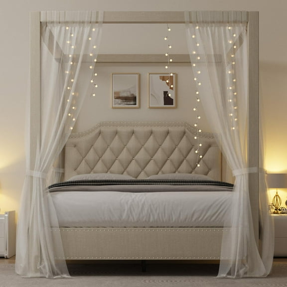 Towallmark Upholstered Canopy Bed Frame Full Size with headboard, Button Tufted, Nailhead Trim Design, No Box Spring Required, Beige