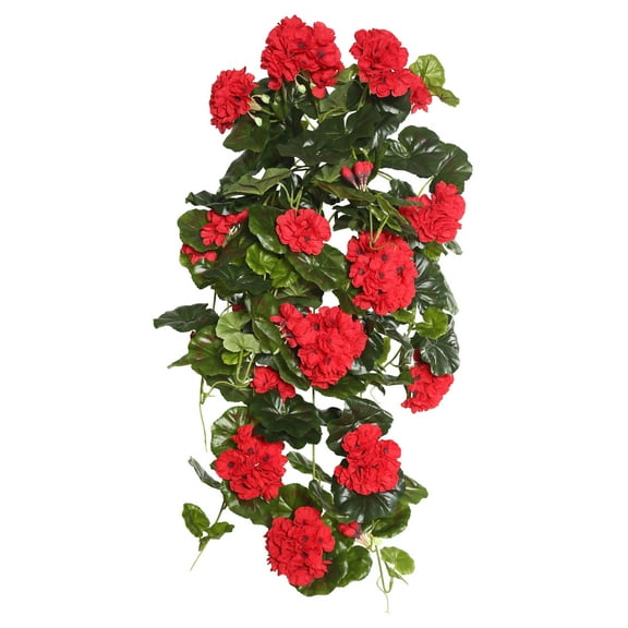 Vickerman 29" Artificial Red Polyester Geranium Hanging Bush.