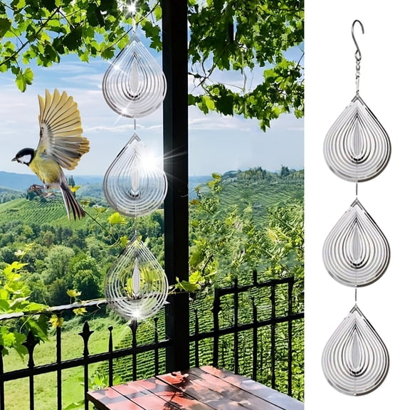Dserhfy 3D Waterdrop Wind Spinner Bird Scare Decoration Outdoor Garden Yard Farm Hanging Metal Wind Chime Bird Deterrent Device Ornament