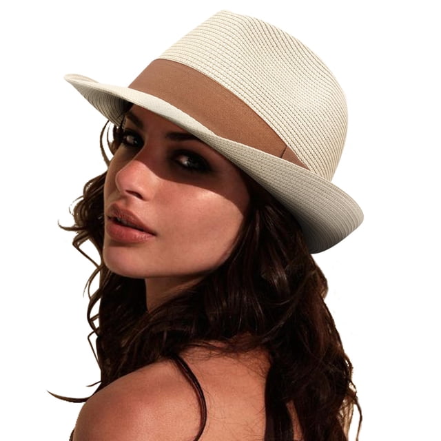 DRESHOW Sombrero panamá de paja para mujer, sombrero de viaje Fedora para playa, sombrero para el sol, sombrero enrollable de paja de ala ancha UPF 50+