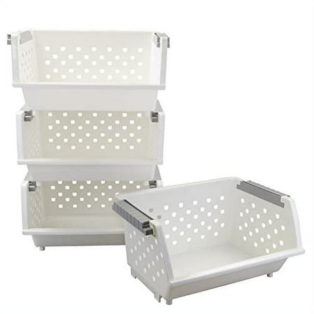 4-Pack Plastic Stackable Storage Basket Organizer Multi-functional Stacking Basket Bins White