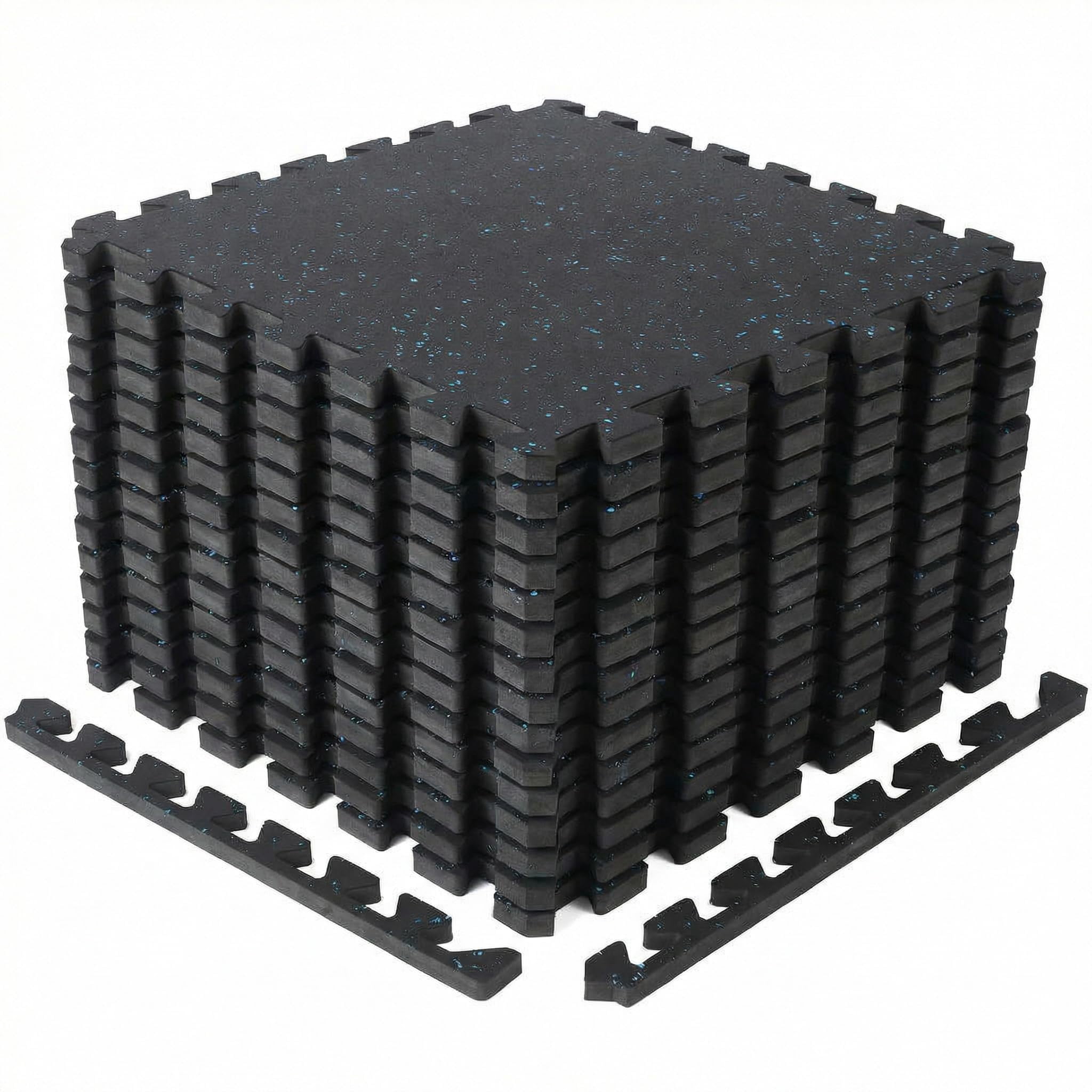 PYY Interlocking Gym Flooring Tiles Rubber Top with EVA Foam Approx 0.6in Thick Puzzle Exercise Mats for Home Gym Workout Heavy Equipment Base Black with Blue Flecks