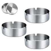 QiShi Cigarettes Smoking Accessories, Tabletop Round Stainless Steel Ash Tray Set for Home, Hotel, Restaurant, Indoor, Outdoor (3 Pack, Silver)