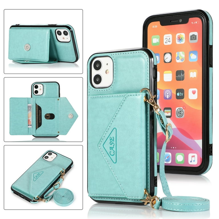 Phone Case for iPhone 11 Wallet Cover with Wrist Crossbody Strap Lanyard Credit Shoulder Card Holder Slot Stand Leather Back Magnetic Flip Cell Accessories For iPhone 11 Mint Walmart