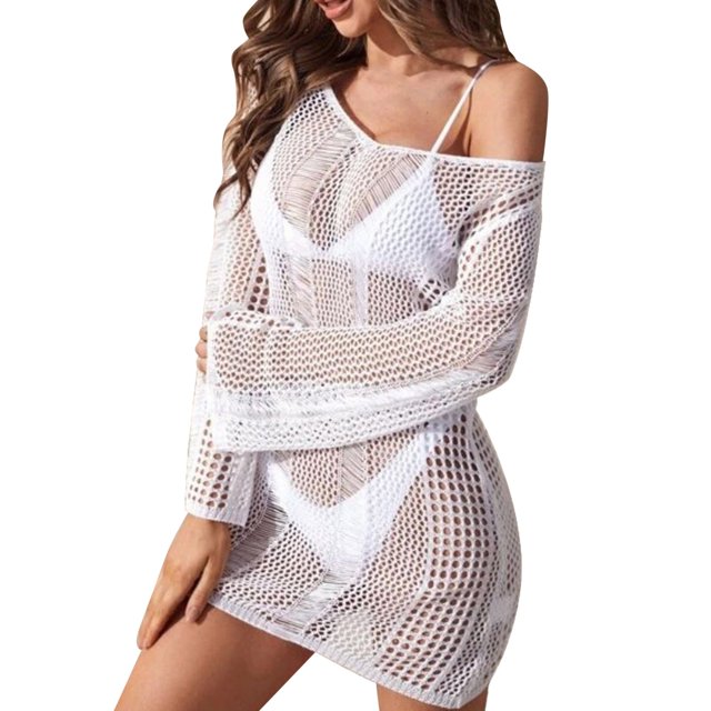 Fvwitlyh Tenues de Vacances pour Femmes, Couverture de Plage en Crochet Tricoté, Col Rond, Manches Longues, Tunique Boho, Tenue de Plage