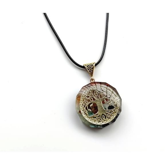 ERDOUY handmade necklace pendant suitable for men and women, natural crystal necklace, pentagonal life tree round pendant necklace (colored, circular life tree style)