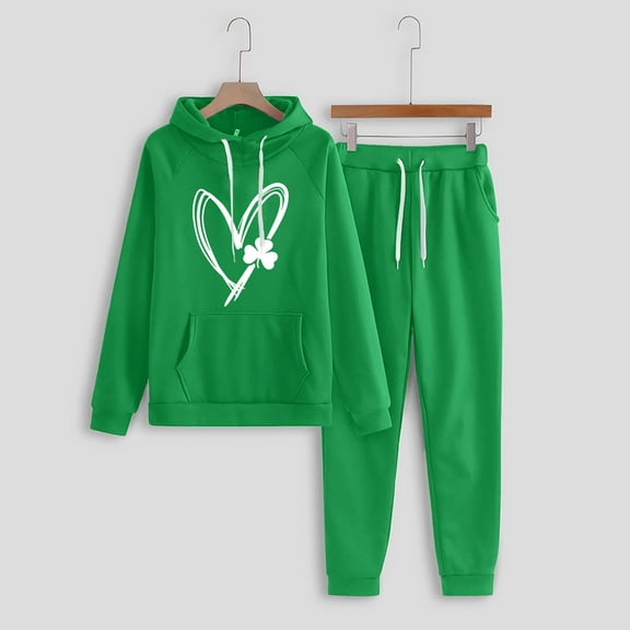 Brilliant Two Piece Outfits Women Plus Size Fall Women's Casual Print Hooded Drawstring Loose Long Sleeve Sweatshirt Tops and Long Pants Set Suits Green XL