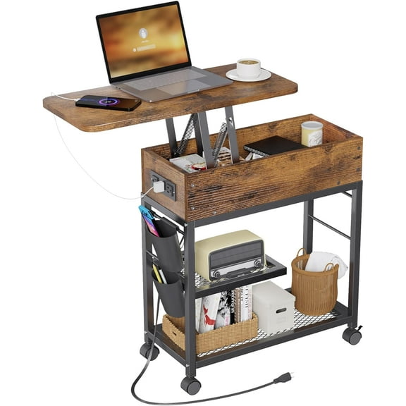 Lift Top End Table with Charging Station and Wheels, Sofa Side Table, Movable Bedside Nightstand with Side Bag for Office Living Room Bedroom