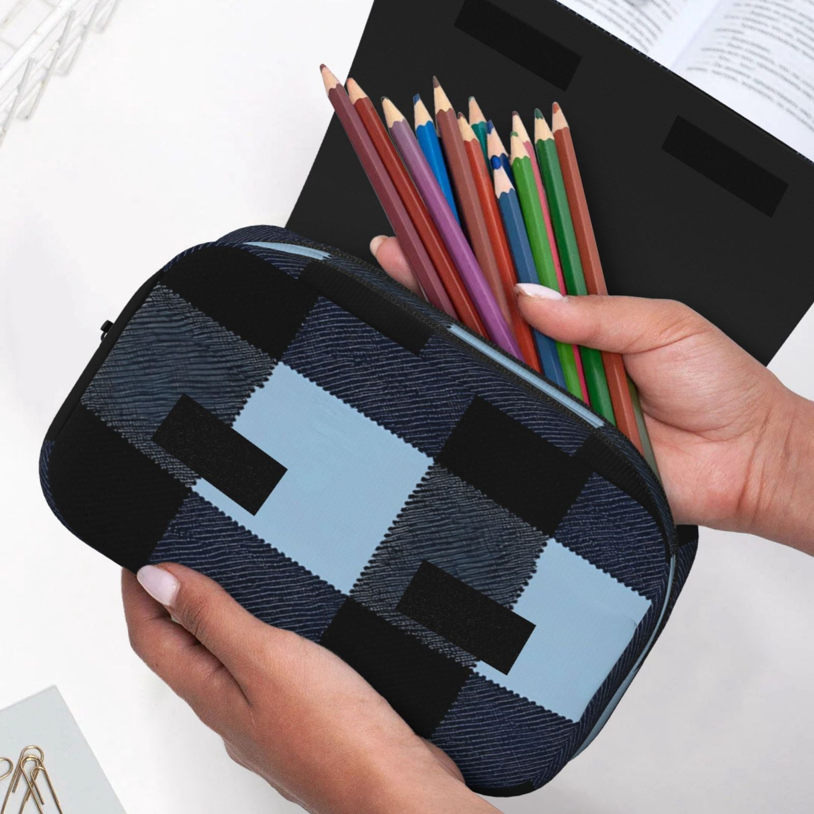 Large-Capacity Flip-Top Double-Layer Pencil Case, Multi-Functional Pocket Pen Case, Durable Stationery Organizer Midnightblue Buffalo Plaid Check Tartan Scotland_2