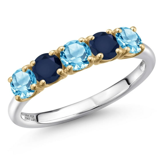 Gem Stone King 925 Silver and 10K Yellow Gold Swiss Blue Topaz and Blue Sapphire Wedding-Bands Ring for Women | 1.77 Cttw | Round 4MM | Gemstone November Birthstone | Size 6