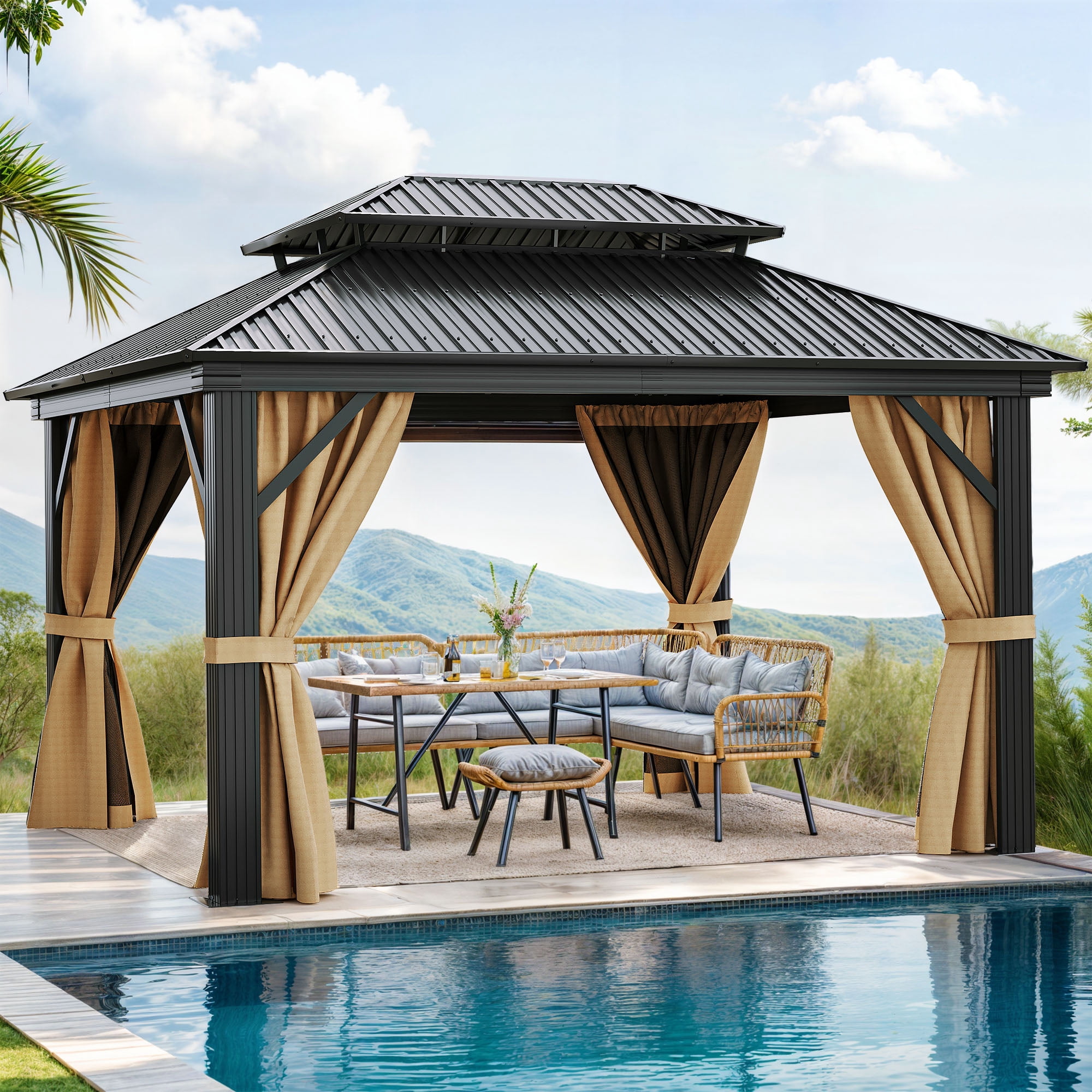 Dextrus 12x14ft Outdoor Hardtop Gazebo with Netting & Brown Curtains,Double Roof Outdoor Galvanized Iron Aluminum Frame Garden Tent for Patio, Backyard, Black&Brown