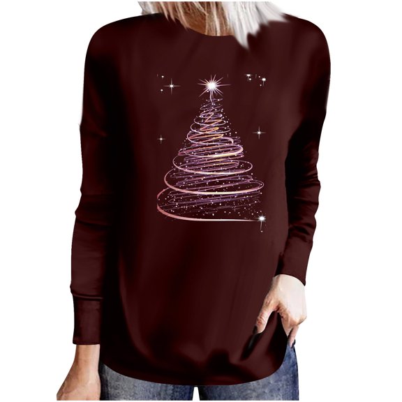 Shining Christmas Tree Graphic Sweatshirt for Women Long Sleeve Merry Christmas Pullover Top Trendy Holiday Tee with Festive Print Cozy Casual Fall and Winter Xmas Shirt
