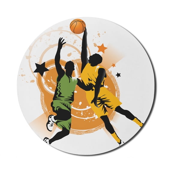 Basketball Mouse Pad for Computers, Image of 2 Basketball Players in a Heated Game Rings Stars in the Background, Round Non-Slip Thick Rubber Modern Mousepad, 8" Round, Orange Green, by Ambesonne