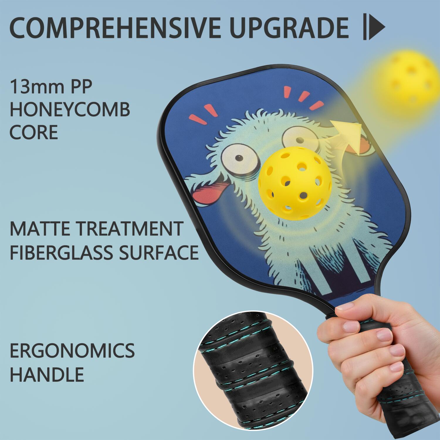 Pickleball Paddles Set Of 2, Fiberglass Surface, Astonished Dog Print, 4 Balls & Bag