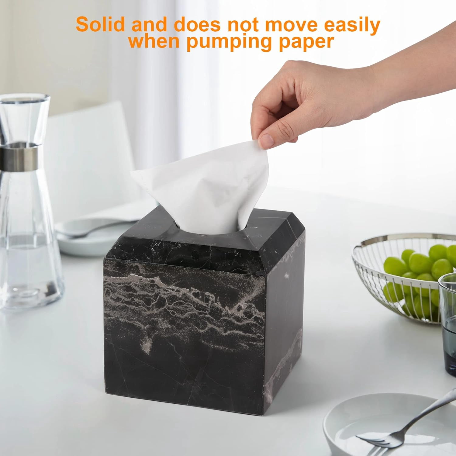 Tissue Box Cover Italy Natural Marble Heavy Duty Square Facial Toilet Paper Holder for Bathroom Living Room Bedroom Dresser Kitchen Minimalistic Office Home Decor Black (WH013)