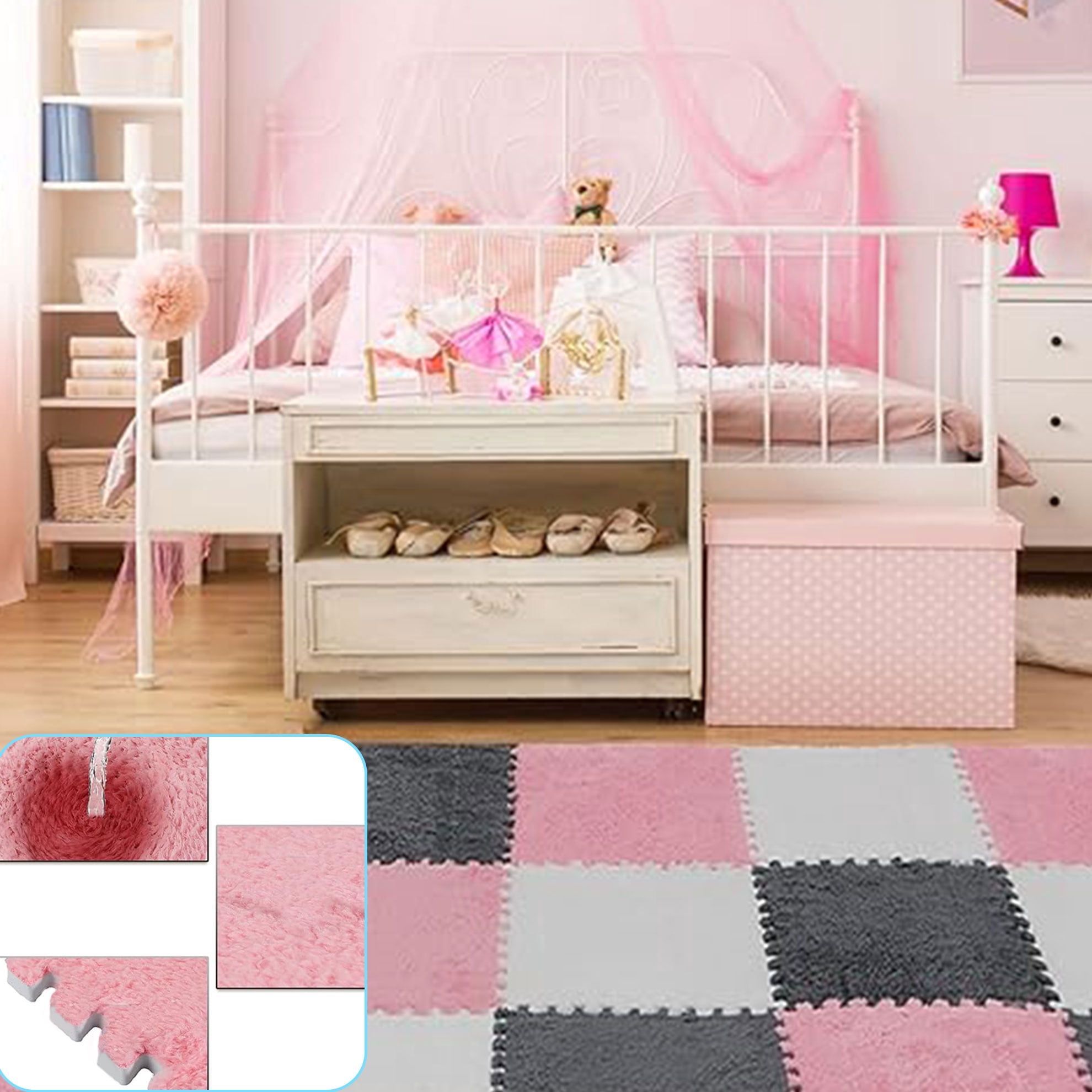Interlocking Carpet Shaggy Soft EVA Foam Mats Fluffy Square Thickened Plush Tiles Protective Floor Tiles Exercise Play Mat for Children Kids Room Home Parlor Bedroom (Pink, 12 Pcs)