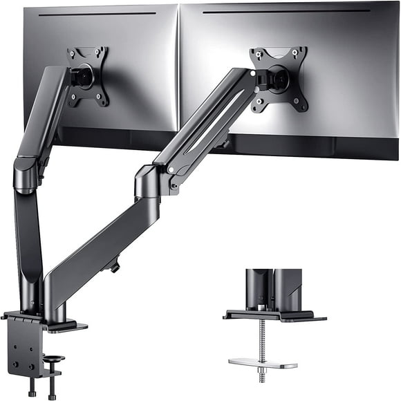 Irongear Support pour Moniteur Double, Support de Moniteur Double à Ressort à Gaz Réglable pour Écrans de 13 à 27 Pouces jusqu'à 14,3 Lb, Support de Moniteur à Double Bras avec Pivot, Inclinaison, Rotation